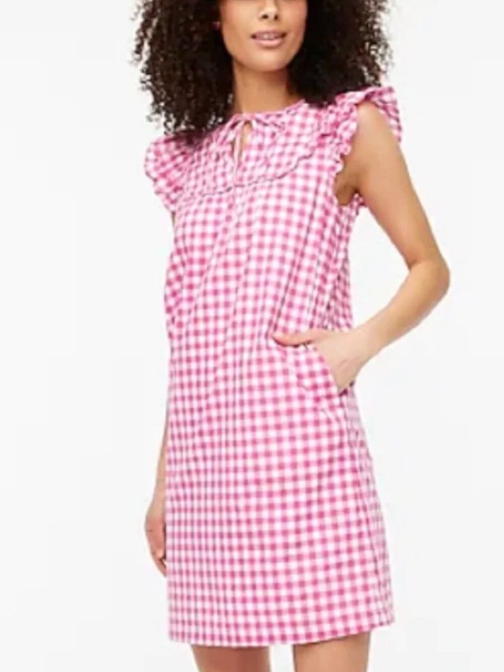 J CREW Pink/White Gingham Check Flutter Sleeve Shift Dress sz 6